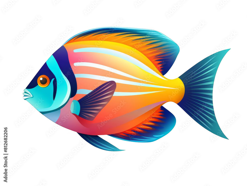 A beautiful and colorful fish swims in the ocean. The fish has a blue tail and a yellow body with orange and purple stripes.