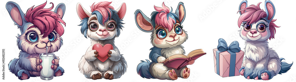 Fototapeta premium Baby llama character set, for animated series and children's story illustrations, on transparent background