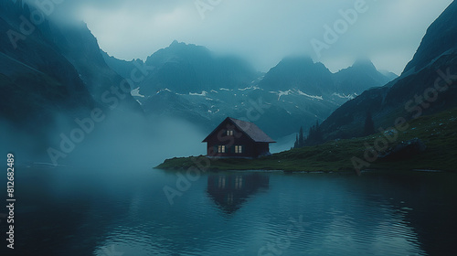 A small cabin sits on a lake surrounded by mountains photo