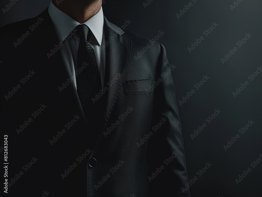 Simple yet impactful shot of a male CEOs torso in a charcoal grey suit, conveying his enduring presence in corporate decisionmaking Simple yet impactful shot of a male CEOs torso in a charcoal grey suit, conveying his enduring presence in corporate decisionmaking