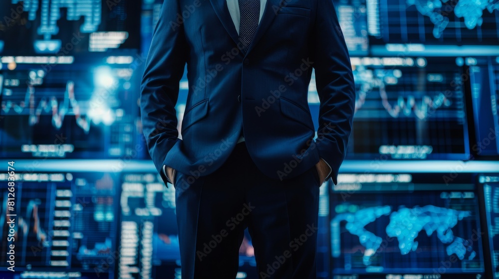 Fototapeta premium Professional male CEO in a navy blue suit, torso only visible, framed by a backdrop of glowing screens showing realtime crypto transactions