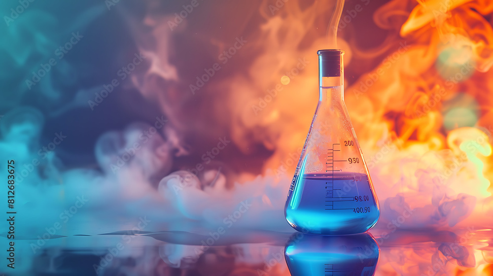 Chemical Reaction: Erlenmeyer Flask Igniting with Smoke and Vapors, Blue Liquid Inside Chemical Reaction: Erlenmeyer Flask Igniting with Smoke and Vapors, Blue Liquid Inside