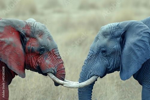 Elephant donkey political debate metaphor Republicans Democrats US politics parties opinion discussion disagreement symbols animals ideology red blue election campaign government
 photo