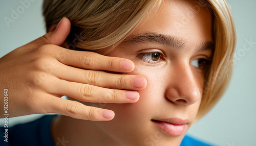 Close up of young boy covering one eye