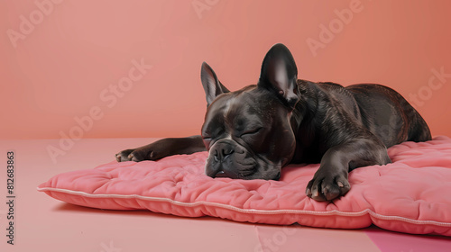 a French bulldog lying down and resting on a pink surface. 