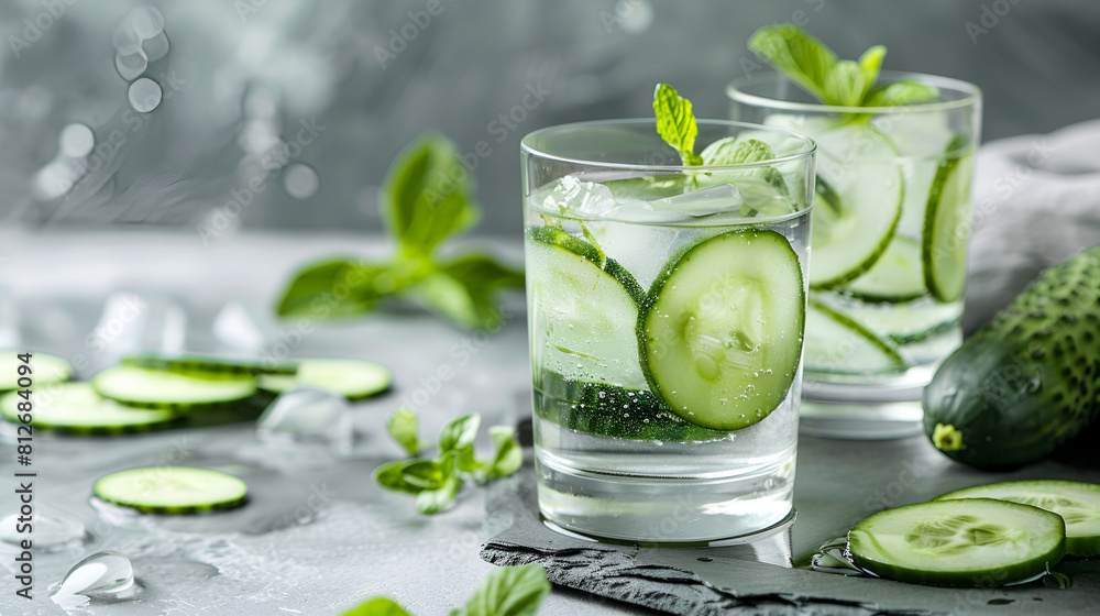 Healthy nutrition. Fresh mint cucamber detox water in glass in a wooden table background,ai generative Healthy nutrition. Fresh mint cucamber detox water in glass in a wooden table background,ai generative