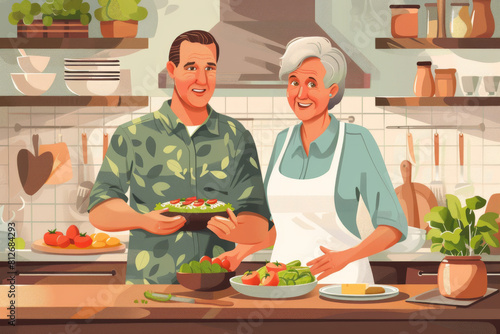 Man and Woman Holding Plate of Food in Kitchen. Generative AI