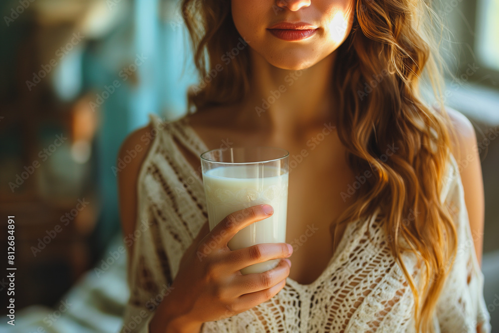 A woman is holding a glass of milk A woman is holding a glass of milk