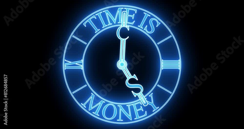 Neon blue clock with a dollar sign hand, Time is Money.