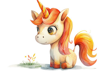 Wandcirkels Eenhoorn Cute cartoon unicorn with orange mane and tail. It is sitting on a green field with yellow flowers. The unicorn is looking at the viewer with its big, blue eyes. PNG transparent background.  © Anissa