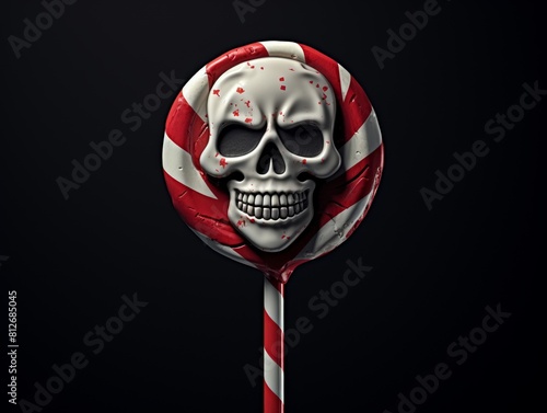 A pirate themed lollipop, shaped like a skull and crossbones with a black and white swirl, and a little red candy bandana detail photo