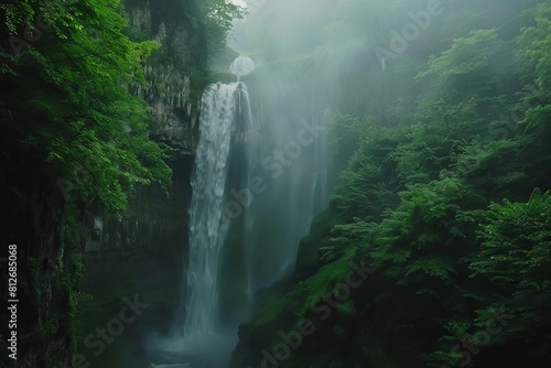 ethereal misty waterfall cascading in lush green forest mystical nature photography