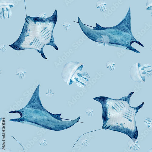Manta ray and jellyfish watercolor seamless pattern on blue. High quality hand-drawn monochromatic illustration for notebooks, posters, wallpaper, textile, beach towel, wrapping paper and room decor