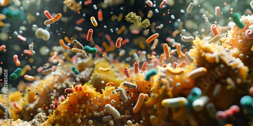 of microbial colonies flourishing on decaying matter, showcasing the diverse array of shapes and colors as they consume nutrients and recycle organic material