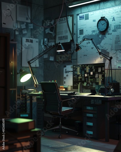 The dark and moody office of a detective, full of clues and evidence. photo