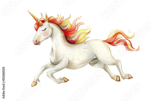 A beautiful unicorn with a flowing mane and tail is running through a field of flowers PNG transparent background.