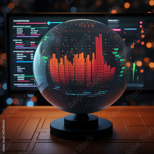 High-tech 3D Excel dashboard, spherical scatter plots, augmented reality, daylight simulation photo