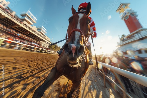 Wide angle perspective of intense horse racing capturing the horse's fierce expression and the jockey's focused demeanor