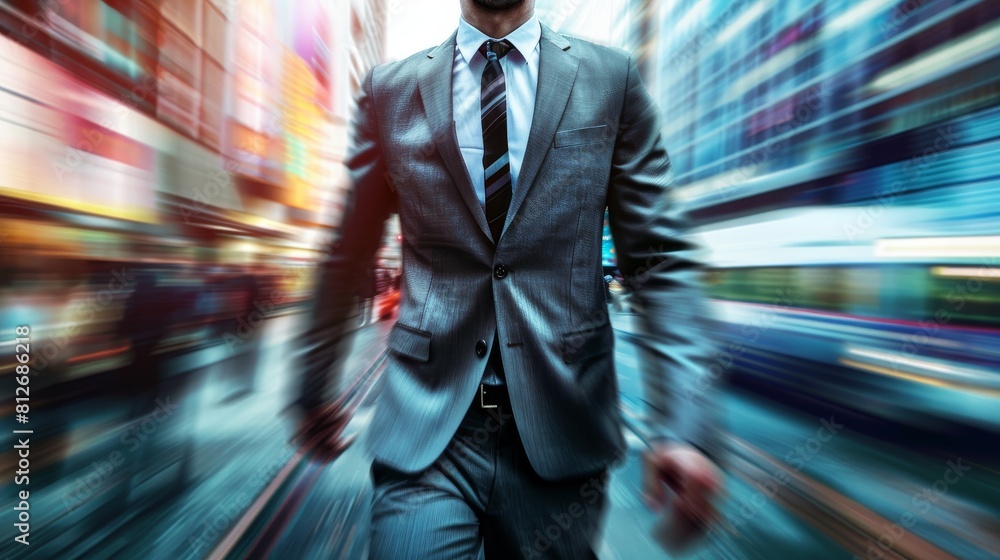 Highresolution image of a male CEOs torso, wearing a sleek charcoal grey suit, set against the dynamic motion of a bustling city Highresolution image of a male CEOs torso, wearing a sleek charcoal grey suit, set against the dynamic motion of a bustling city