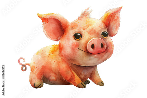 A cute cartoon pig with a pink body and a yellow face is sitting on a white background. The pig has its ears perked up and is looking at the viewer with a happy expression. PNG transparent background. photo