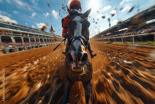 A stunning depiction of horse racing, capturing the speed and intense focus of both horse and jockey in a competitive race