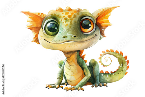 A cute green dragon with big eyes and a friendly smile. It has orange wings and a long tail. It is sitting on a rock and looking at the viewer. PNG transparent background.