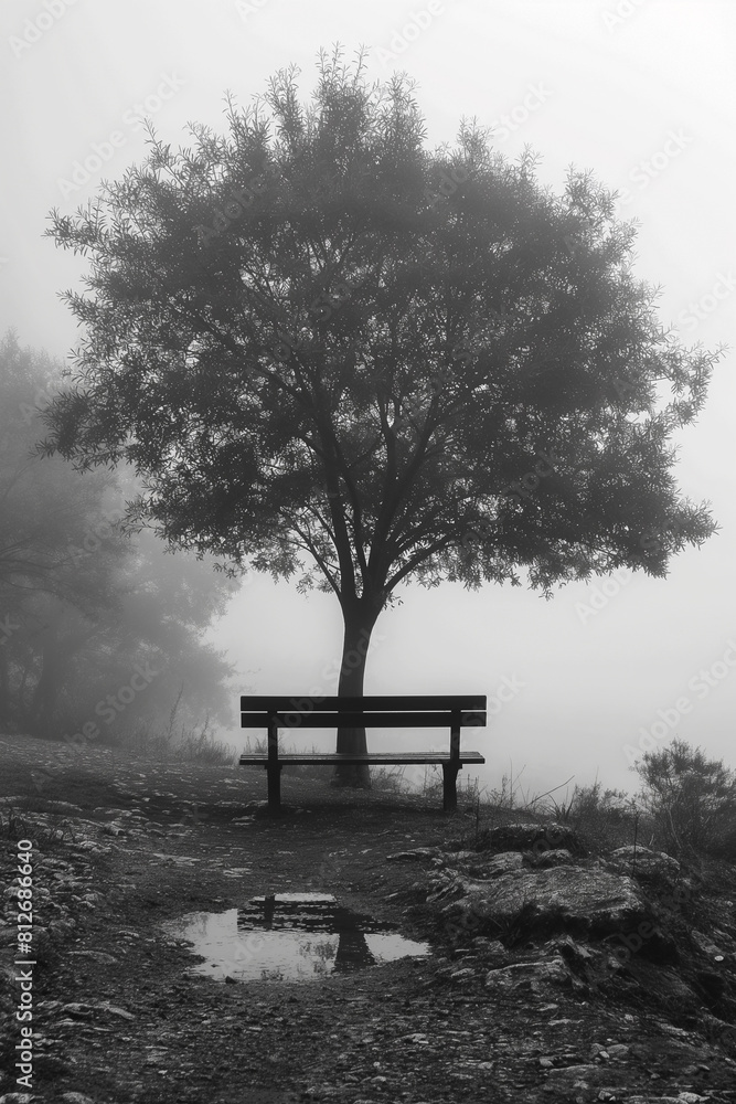 A bench is next to a tree in a foggy forest A bench is next to a tree in a foggy forest