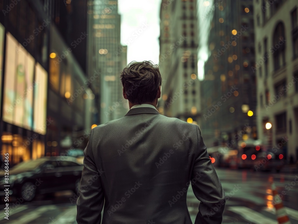 Highresolution image of a male CEOs torso, wearing a sleek charcoal grey suit, set against the dynamic motion of a bustling city Highresolution image of a male CEOs torso, wearing a sleek charcoal grey suit, set against the dynamic motion of a bustling city