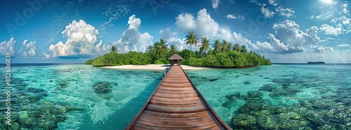 wooden bridge to a stunning island with clear water and beautiful views