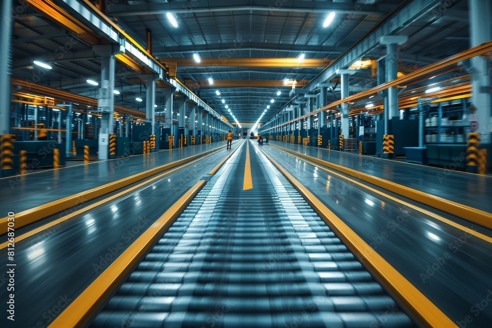 Clean, symmetrical view of a modern warehouse aisle with blue tones and well-organized shelves