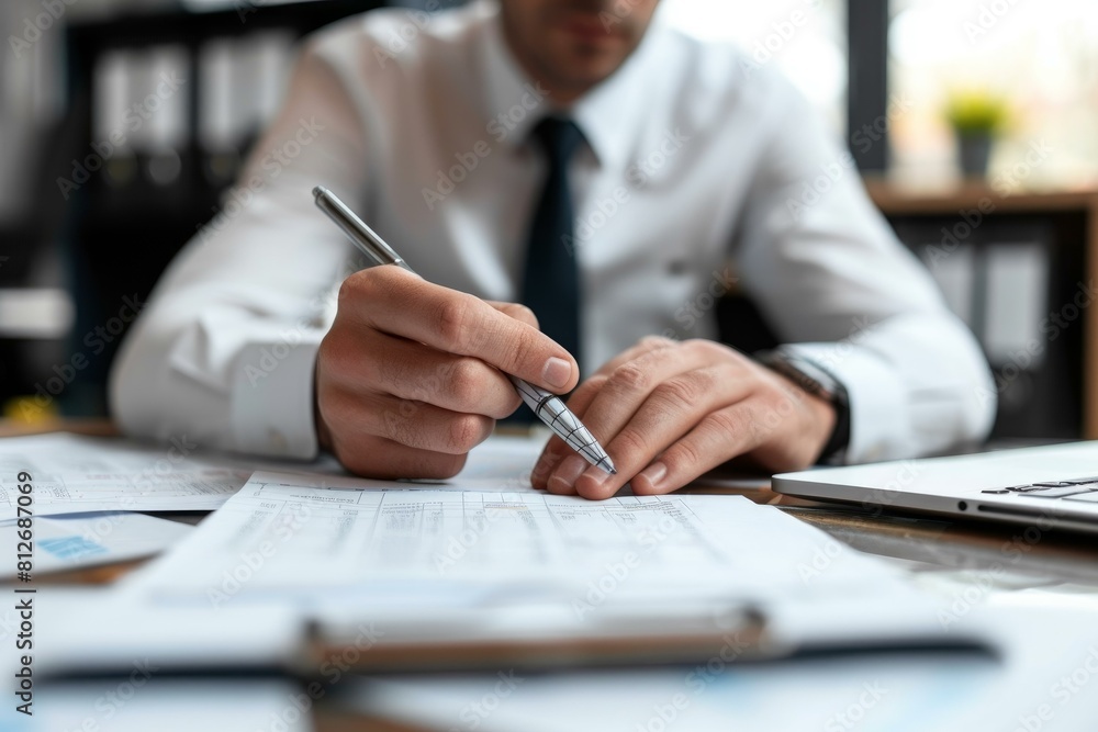 Close-up of a professional examining detailed reports, focused on paperwork in an office setting Close-up of a professional examining detailed reports, focused on paperwork in an office setting