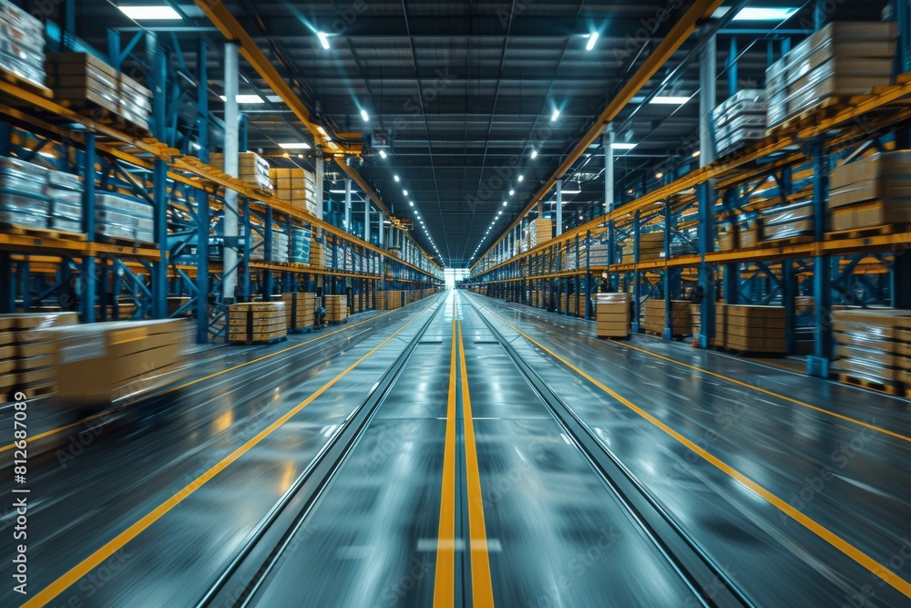 Conveyor belts create dynamic lines leading deep into a well-lit, organized warehouse full of goods