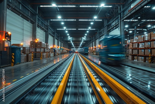 Captured motion at a loading dock with a moving freight vehicle in a modern warehouse
