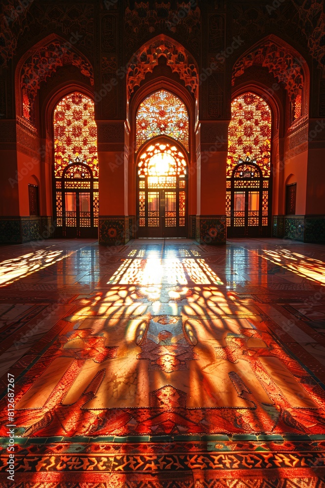 Obraz premium Majestic Sunlight through Stained Glass in an Ornate Historic Mosque