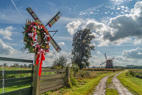 Windmill in the countryside adorned with a Memorial Day wreath and festive ribbons. photo