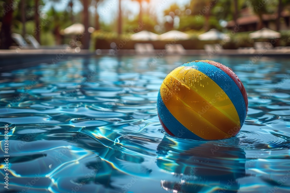 A brightly colored beach ball with droplets of water sparkles under the gleaming sun, floating in a serene pool, symbolizing joy and summertime