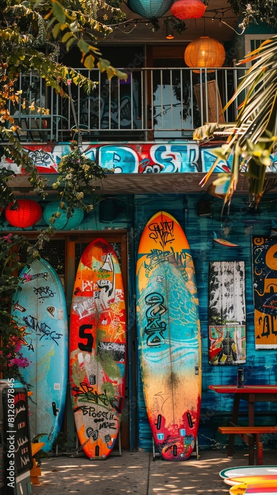 Naklejka premium A futuristic street scene with graffiti and vintage surfboards as art installations