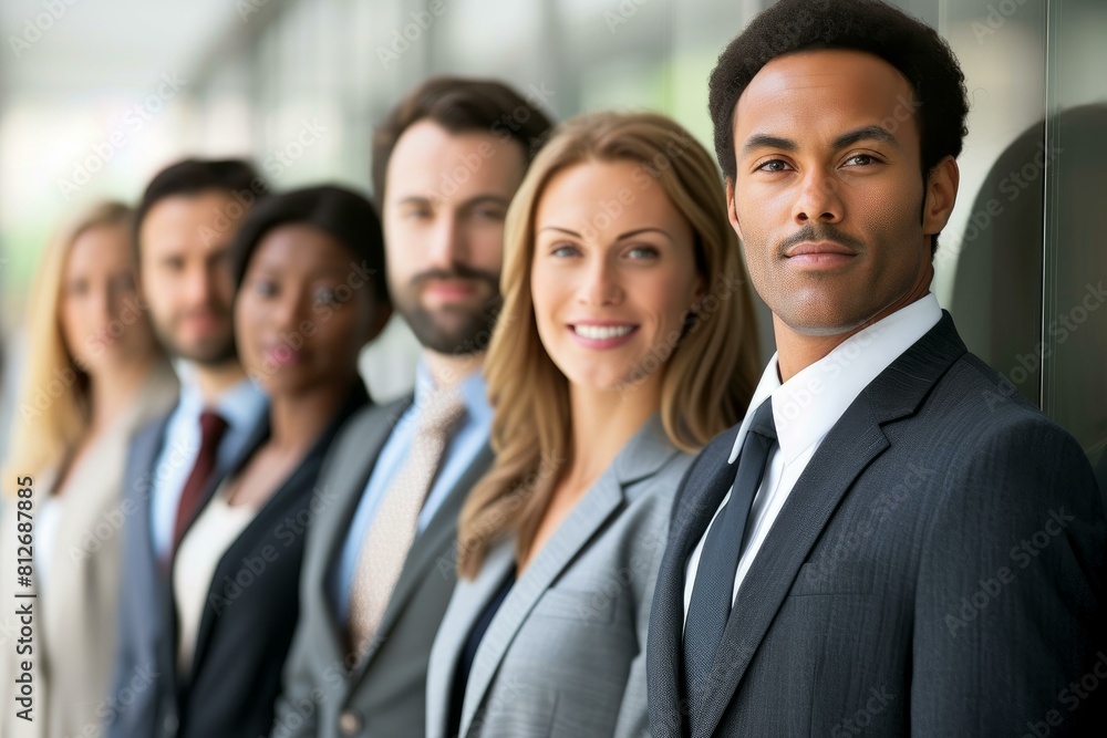 Confident business professionals lined up in a sleek office setting, showcasing teamwork Confident business professionals lined up in a sleek office setting, showcasing teamwork