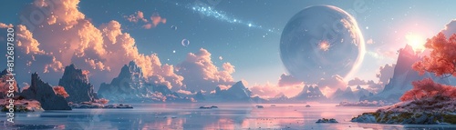 A futuristic rendering of a wonderous landscape featuring crab rangoon floating in the sky photo