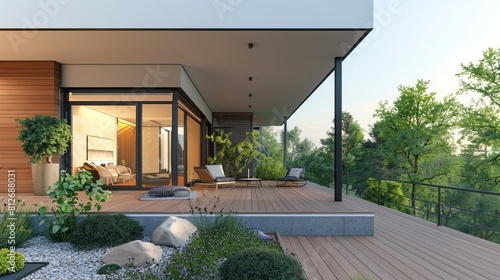 Spacious balcony with modern design elements. Creative architecture concept. 3D Rendering