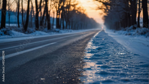 Frigid Highway, Straight Road Lined with Snow and Ice, Reflecting the Frosty Winter Scene. © xKas