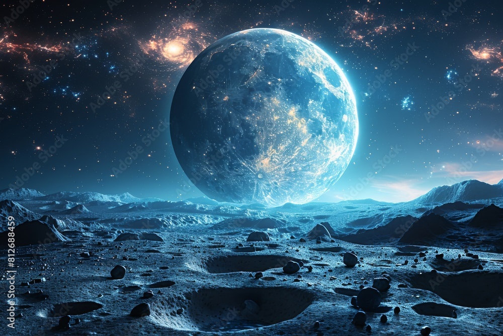 A stunning digital art piece featuring a large moon dominating the sky over a rugged, mountainous alien landscape