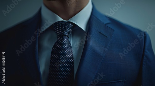 Detail shot of Aryas torso in a sharp navy blue business suit, focusing on the elegance of the fabric against a minimalist backdrop