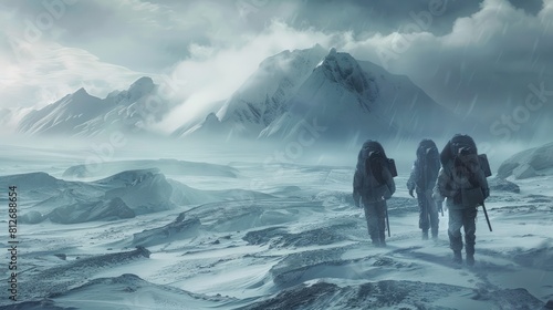 Group of survivors in gas masks traverse a desolate, snowy landscape in a post-apocalyptic world. photo