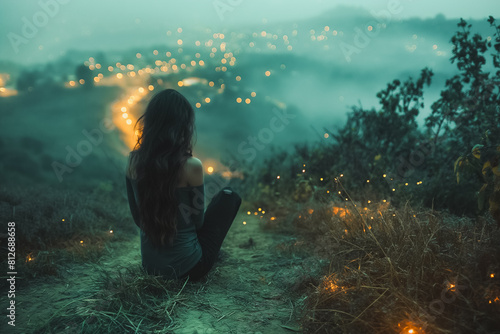 A woman sits on a hillside  looking out at the city below