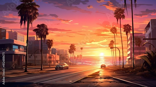 Beach boulevard on sunset colorful comic book style artwork