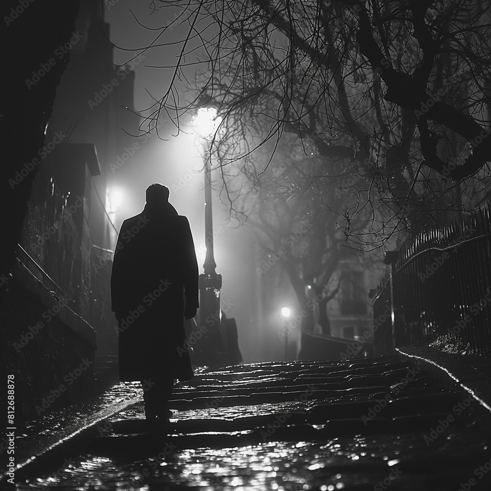 A man is walking down a dark, wet, and foggy street A man is walking down a dark, wet, and foggy street
