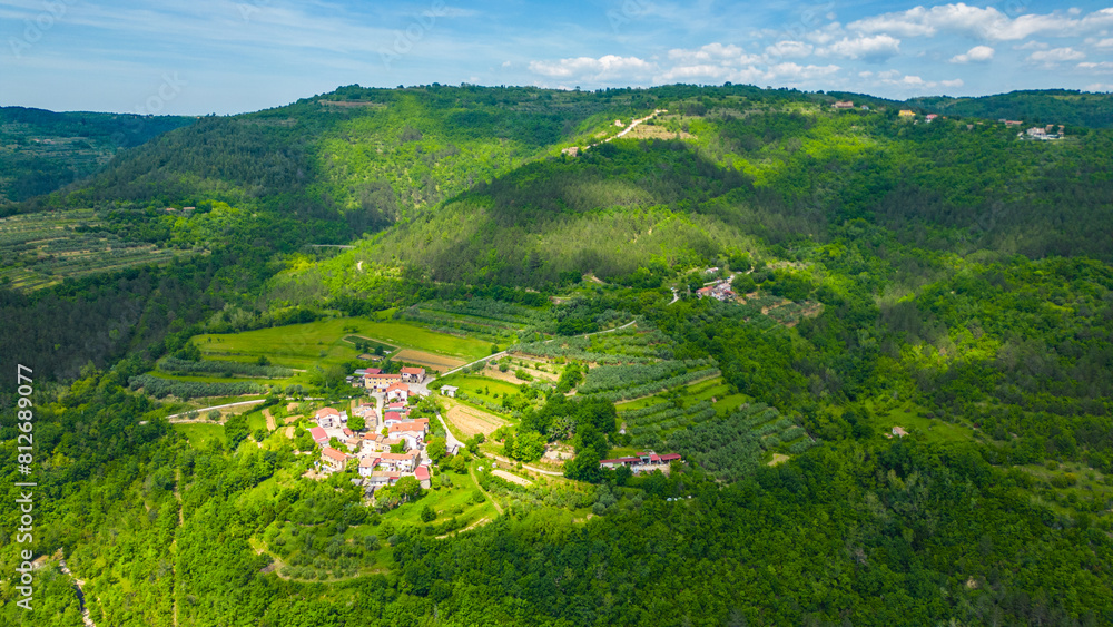 Naklejka premium The Parenzana is a beautiful old railway route in Istria, Croatia, which has been transformed into a scenic bicycle path. Captured by drone, the Parenzana reveals its charming countryside charm
