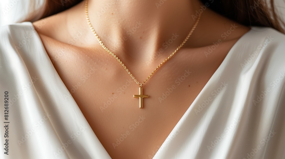 Close-up of a delicate gold cross necklace resting gracefully on a woman's neck, set against a white blouse.
Close-up of a delicate gold cross necklace resting gracefully on a woman's neck, set against a white blouse.