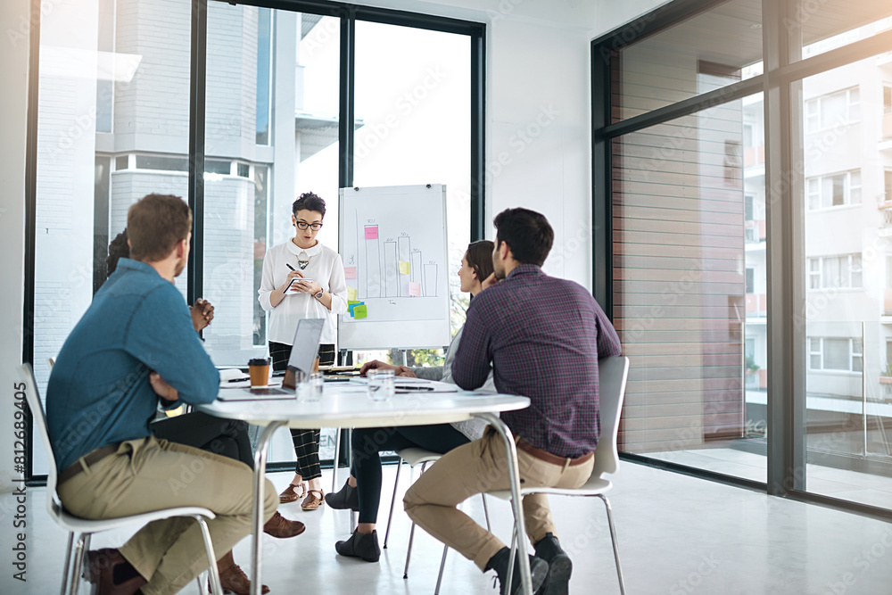Obraz premium Team, meeting and brainstorming in office or boardroom for project as management for company or business. Group, presentation and whiteboard with sticky notes and graph for metrics with woman writing